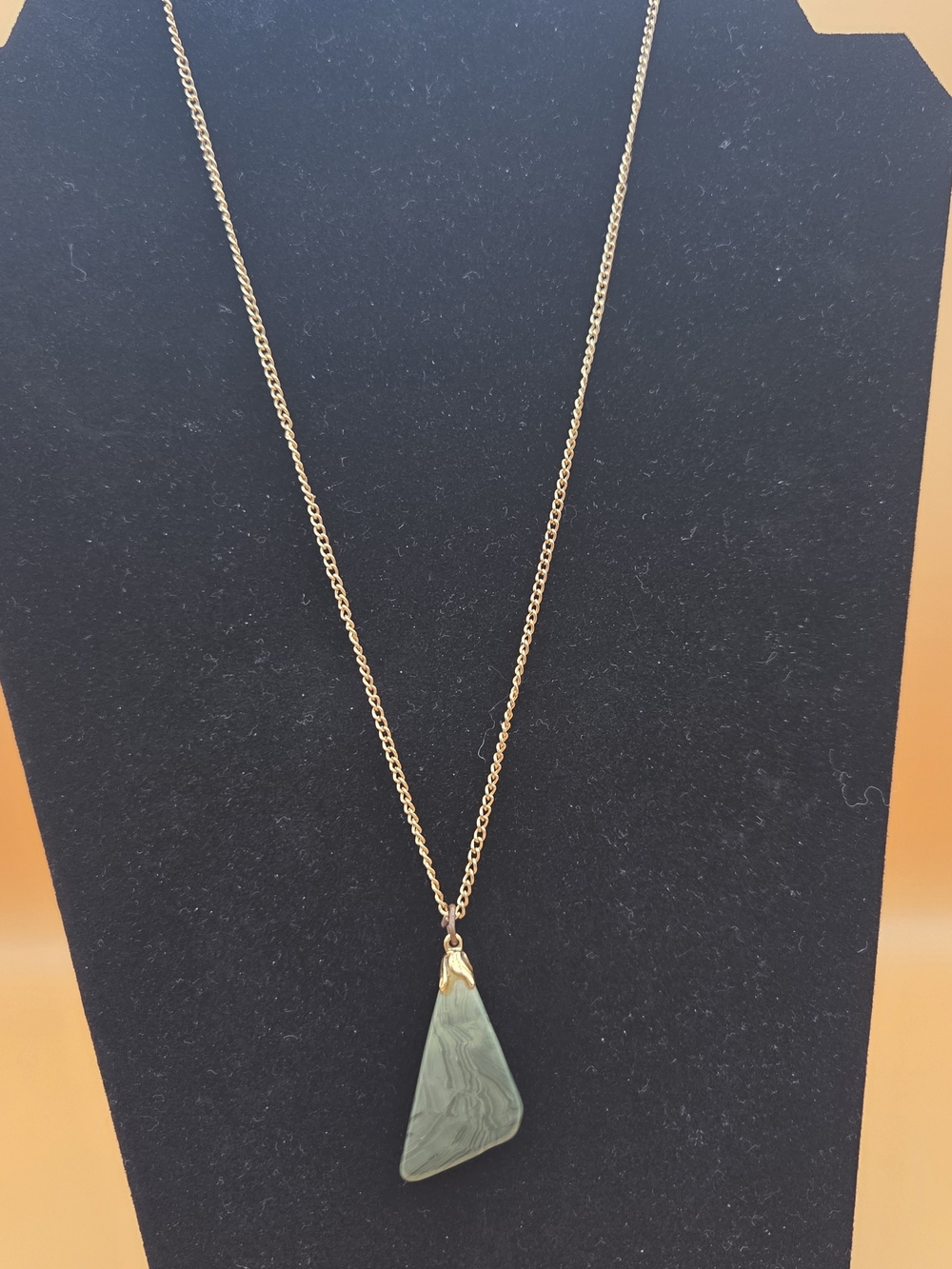 Gold Chain Necklace with Green Banded Agate Slag Glass Triangle Pendant